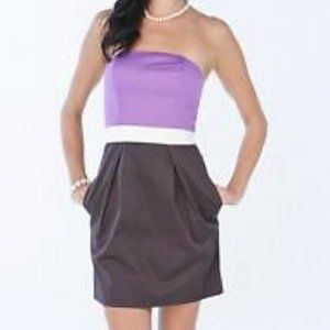 NWT! New French Connection strapless dress, purple, cream & charcoal color block